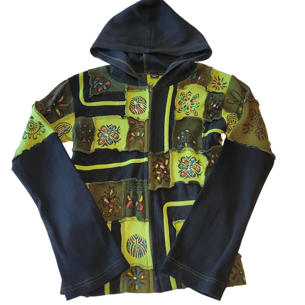 Green Black Patchwork Hooded Top Zip Up Pockets Boho Fairycore Hippie Ireland